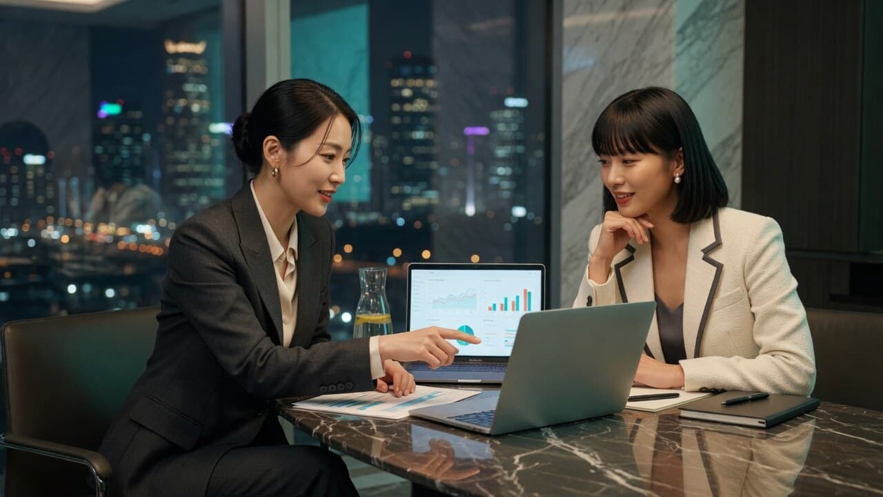 Two professional Asian women reviewing analytics together on a laptop in a modern high-rise office