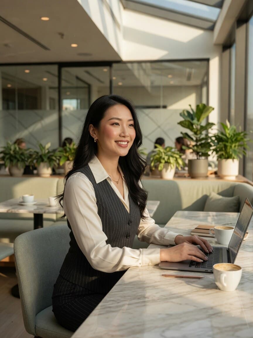 Professional Asian woman smiling while working on a laptop in a bright modern workspace