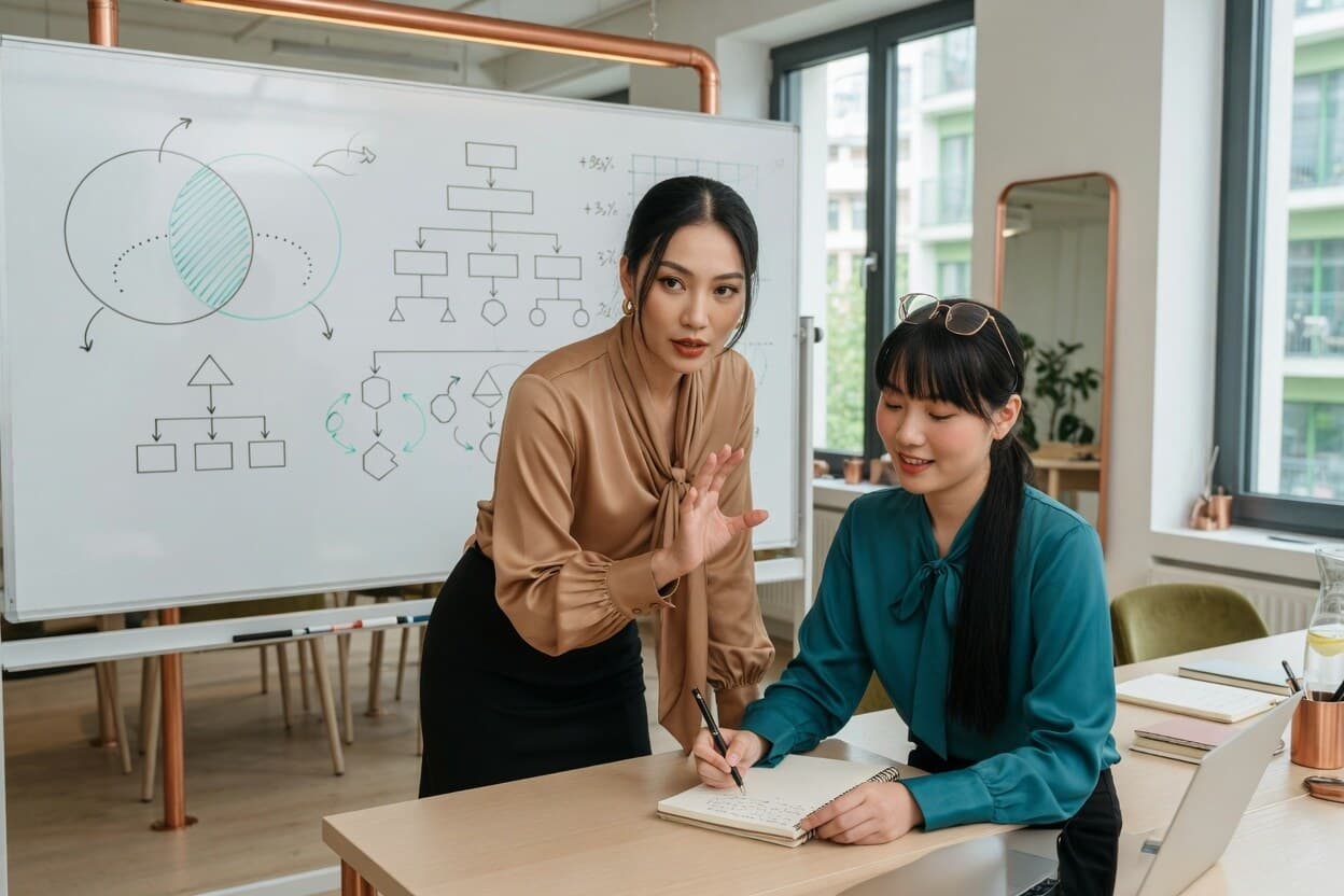 Two Asian professional women in a teaching moment with whiteboard diagrams and notes