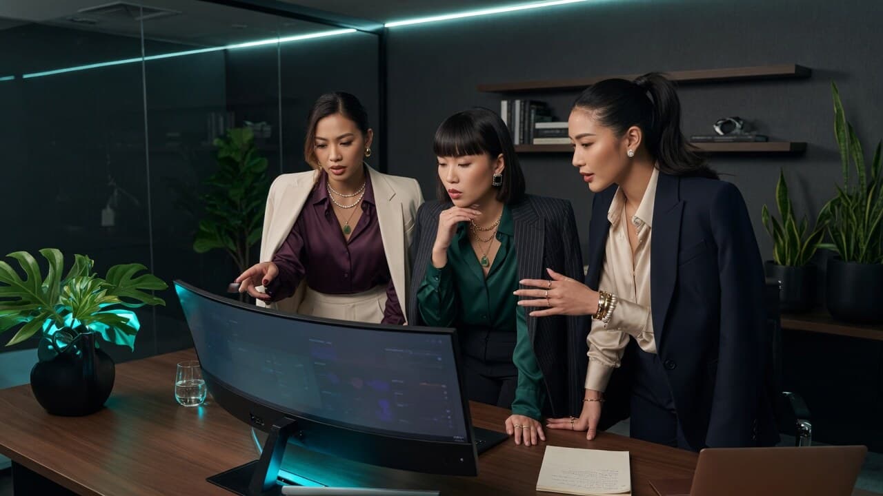 Three professional Asian women collaborating around a monitor in a modern dark office
