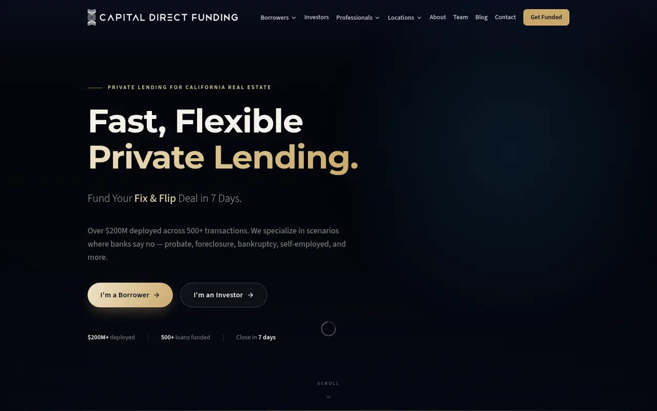 Live homepage of Capital Direct Funding