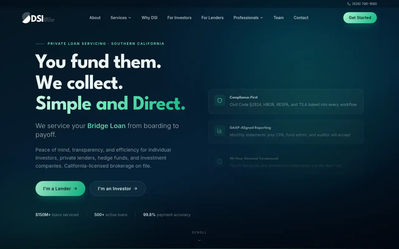 Live homepage of Direct Servicing Initiative