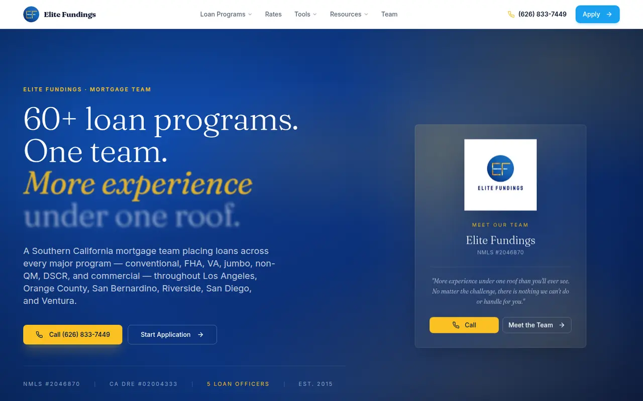 Live homepage of Elite Fundings