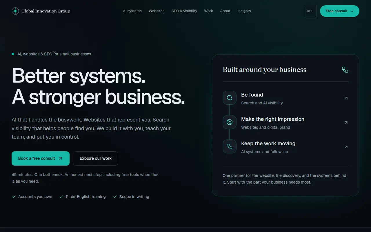 Live homepage of Global Innovation Group