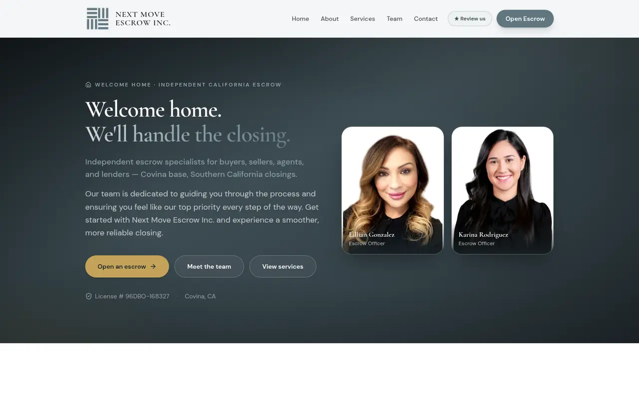 Live homepage of Next Move Escrow Inc.