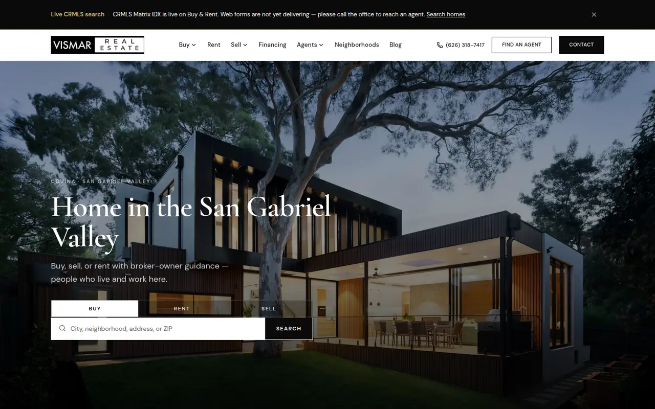 Live homepage of Vismar Real Estate